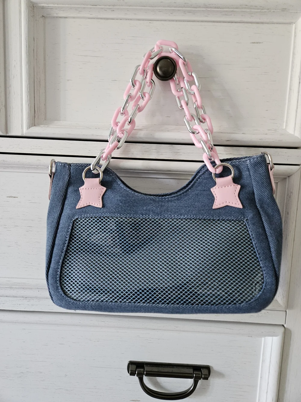 Source Unknown Blue Denim Shoulder Bag with Pink Accents
